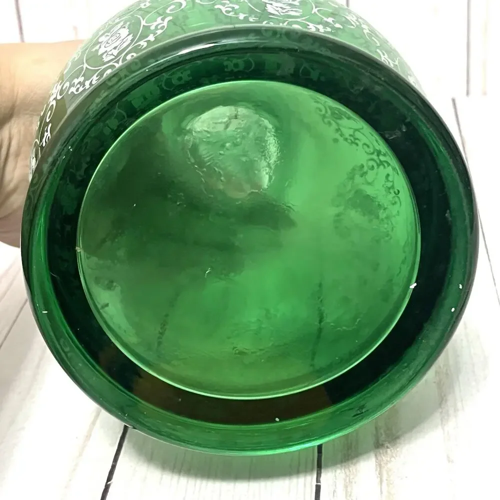VTG Emerald Green Victorian Baroque Style Romantic Rose Enamel Glass Decanter